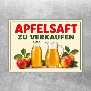 Querformatiger Apfelsaft zu verkaufen Aufkleber mit roten Äpfeln, grünen Blättern, Saftflasche und Karaffe in warmen Naturfarben.