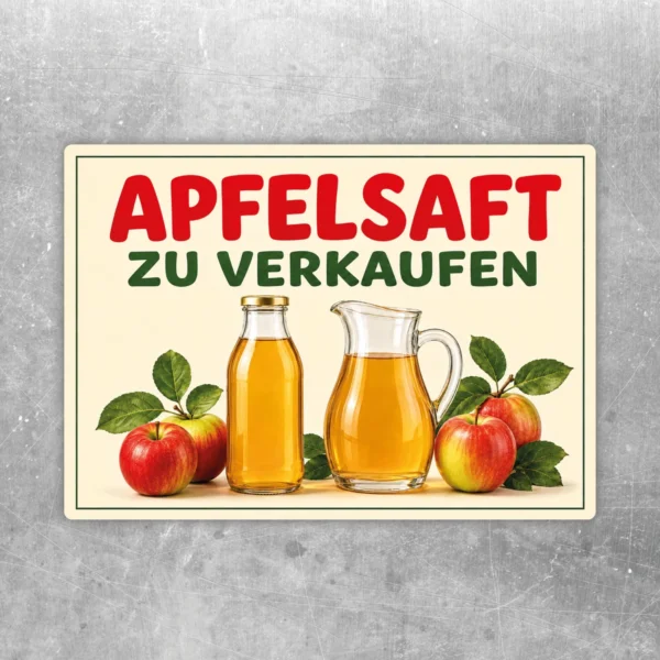 Querformatiger Apfelsaft zu verkaufen Aufkleber mit roten Äpfeln, grünen Blättern, Saftflasche und Karaffe in warmen Naturfarben.