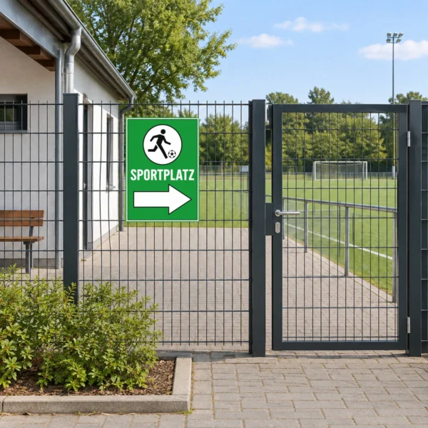 KI-generiertes Anwendungsbeispiel: Sportplatz Wegweiser rechts Aufkleber auf glatter Fläche mit grünem Motiv und weißem Pfeil.