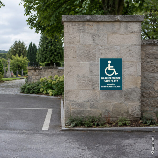 KI-generiertes Anwendungsbeispiel für Barrierefreier Parkplatz – Nur für Friedhofsbesucher Schild – Hochformat