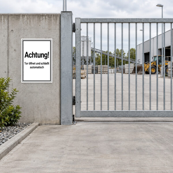 KI-generiertes Anwendungsbeispiel: Schild „Achtung! Tor öffnet und schließt automatisch“ an einer Zufahrt.