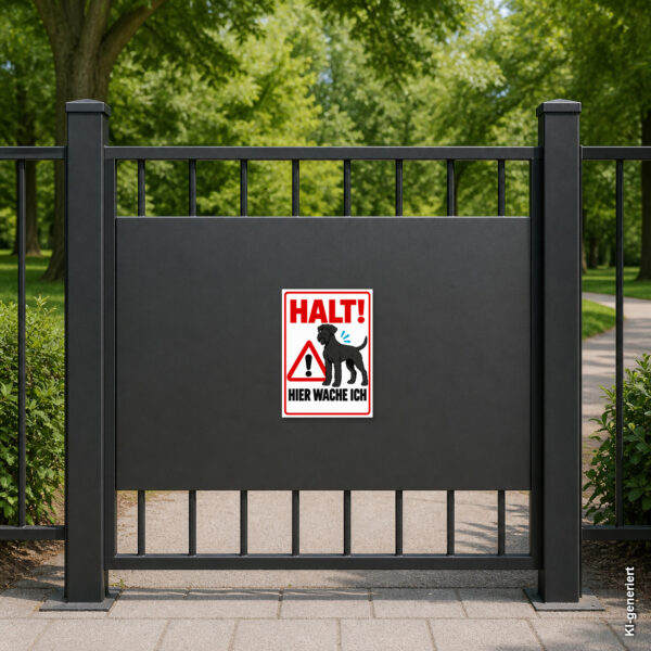 KI-generiertes Anwendungsbeispiel: Hundeschild mit Riesenschnauzer und dem Text „HALT! Hier wache ich“ am Gartentor.