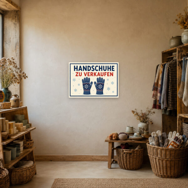 KI-generiertes Anwendungsbeispiel: Bedrucktes Schild mit winterlichen Handschuhen und dem Text „Handschuhe zu verkaufen“ für den Marktstand.
