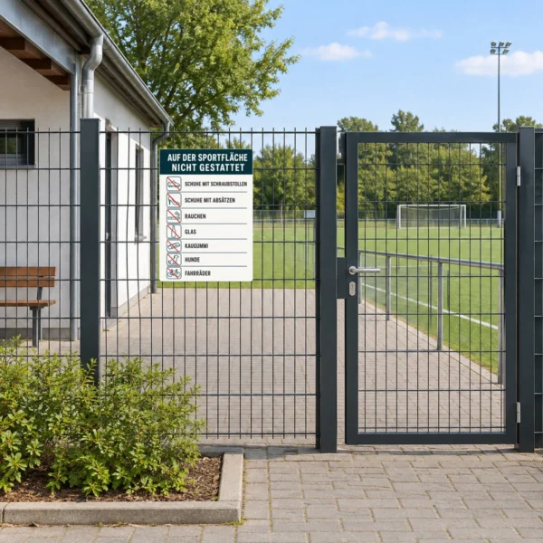 KI-generiertes Anwendungsbeispiel: Aufkleber Sportfläche nicht gestattet auf grauem Untergrund mit roten Verbotssymbolen.