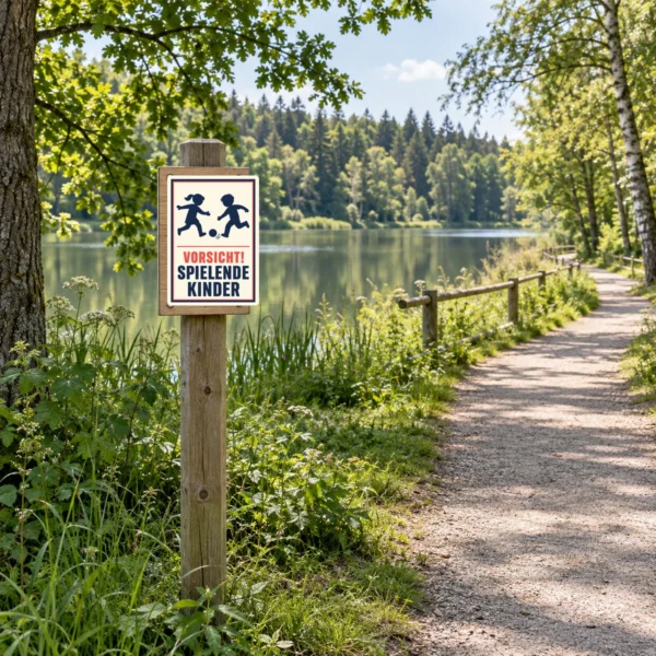 KI-generiertes Anwendungsbeispiel: Vorsicht spielende Kinder Aufkleber auf grauem Untergrund mit rotem Text und dunkelblauen Silhouetten.