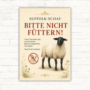 Bitte nicht füttern Schild mit Suffolk-Schaf und rotem Verbotssymbol, Hochformat für Hof und Weide.