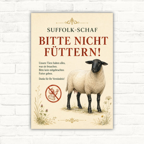 Bitte nicht füttern Schild mit Suffolk-Schaf und rotem Verbotssymbol, Hochformat für Hof und Weide.