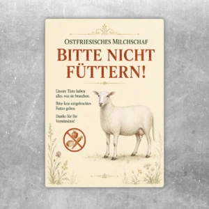 Aufkleber mit Ostfriesischem Milchschaf und dem Hinweis Bitte nicht füttern in rotbrauner Schrift.
