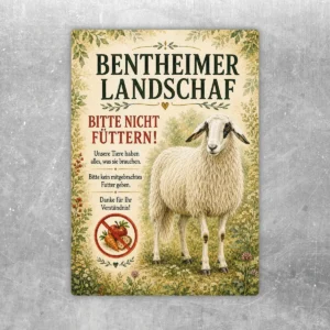 Bitte nicht füttern Aufkleber mit Bentheimer Landschaf, floraler Randgestaltung und gut lesbarem Hinweistext.