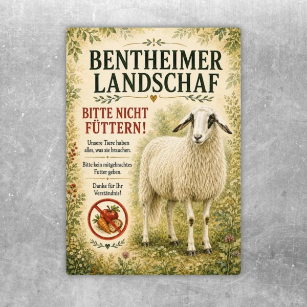 Bitte nicht füttern Aufkleber mit Bentheimer Landschaf, floraler Randgestaltung und gut lesbarem Hinweistext.