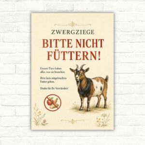 Zwergziege bitte nicht füttern Schild mit Ziegenmotiv, deutlichem Warnhinweis und landwirtschaftlicher Beschilderung.