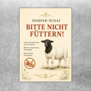Dorper-Schaf Bitte nicht füttern Aufkleber mit Schafmotiv und gut lesbarem Hinweis für Hof, Stall und Besucherbereiche.