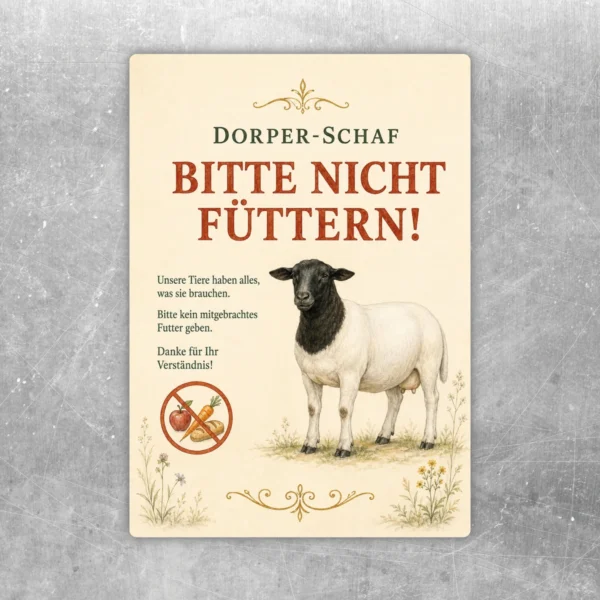 Dorper-Schaf Bitte nicht füttern Aufkleber mit Schafmotiv und gut lesbarem Hinweis für Hof, Stall und Besucherbereiche.