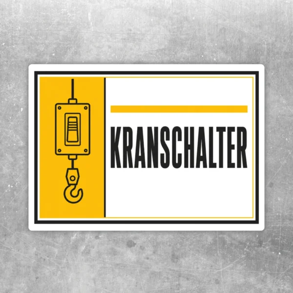 Kranschalter Kennzeichnung Aufkleber im Querformat mit gelbem Symbolfeld, Kranhaken und schwarzem Text auf Weiß.