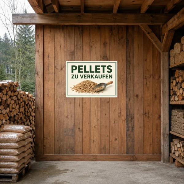 KI-generiertes Anwendungsbeispiel: Querformatiger Aufkleber „Pellets zu verkaufen“ in Grün, Beige und Braun mit Pellets und Schaufel.