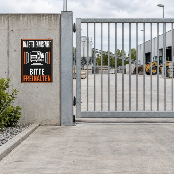 KI-generiertes Anwendungsbeispiel: Baustellenausfahrt bitte freihalten Aufkleber auf Metallfläche mit LKW-Motiv und Warnfarben.