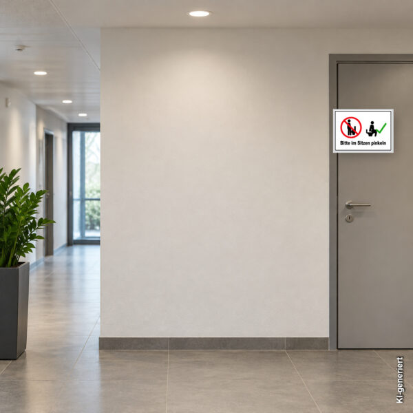 KI-generiertes Anwendungsbeispiel: Bitte im Sitzen pinkeln Schild als humorvoller Hinweis an einer WC-Tür mit rotem Verbotssymbol und grünem Haken.