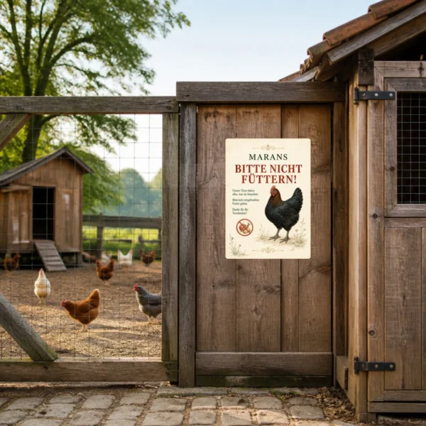 KI-generiertes Anwendungsbeispiel: Marans Bitte nicht füttern Aufkleber an einer hellen Stalltür mit gut sichtbarer Henne und klarem Hinweistext.