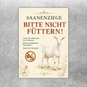 Saanenziege bitte nicht füttern Aufkleber mit heller Ziege, cremefarbenem Hintergrund und dekorativer Schrift für Hof und Stall.