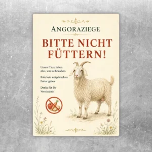 Aufkleber mit Angoraziege und dem Hinweis „Bitte nicht füttern“ in Creme, Rot, Schwarz und Gold.