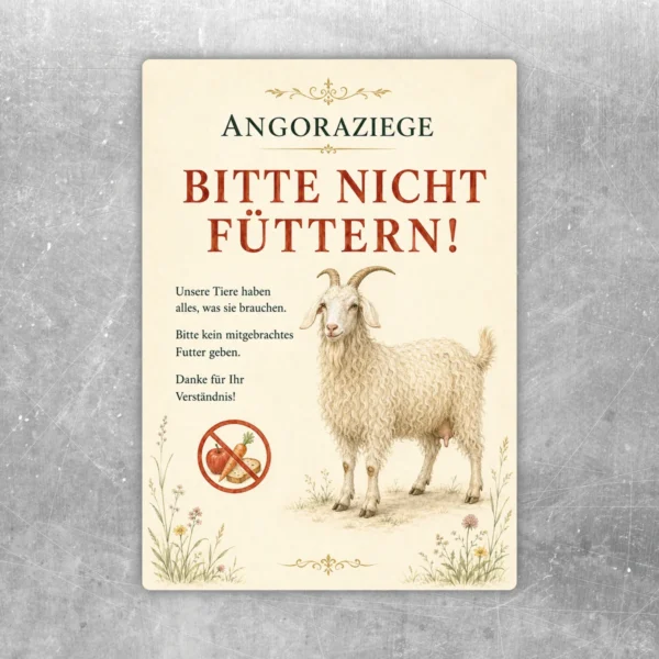 Aufkleber mit Angoraziege und dem Hinweis „Bitte nicht füttern“ in Creme, Rot, Schwarz und Gold.