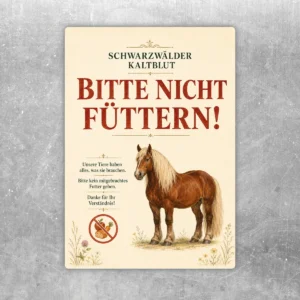 Bitte nicht füttern Aufkleber mit Schwarzwälder Kaltblut, cremefarbener Hintergrund und rote Warnschrift für Stall und Weide.