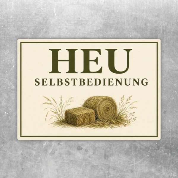Heu Selbstbedienung Aufkleber im Querformat mit beige-grün-brauner Gestaltung für den Hofverkauf.