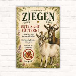 Ziegen bitte nicht füttern Schild mit zwei Ziegen und Futterverbotssymbol als bedrucktes Hinweisschild für Hof und Gehege.