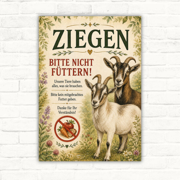 Ziegen bitte nicht füttern Schild mit zwei Ziegen und Futterverbotssymbol als bedrucktes Hinweisschild für Hof und Gehege.