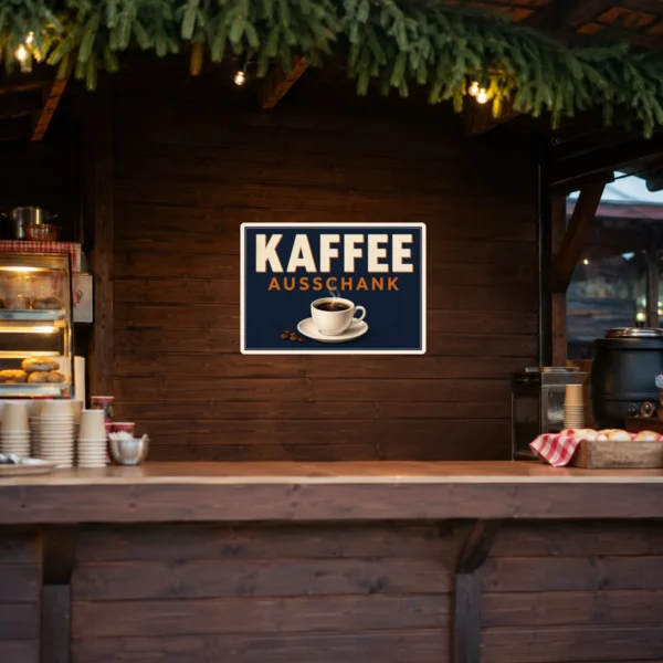 KI-generiertes Anwendungsbeispiel: Kaffee Aushang Aufkleber im Querformat an einer Café-Theke mit Tasse, Bohnen und warmer Retro-Optik.