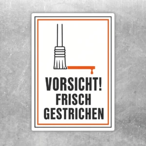 Vorsicht frisch gestrichen Aufkleber im Hochformat mit Pinselmotiv, orangefarbener Linie und schwarzem Warntext.