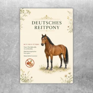 Bitte nicht füttern Aufkleber mit Deutsches Reitpony in Beige, Grün, Braun und Gold für Stall und Weide.