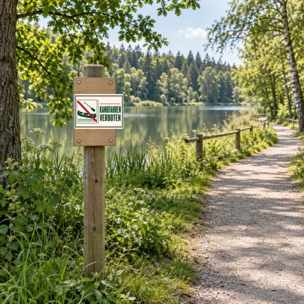 KI-generiertes Anwendungsbeispiel: Kanufahren verboten Aufkleber auf grauem Untergrund mit Kanu-Symbol und rotem Balken.