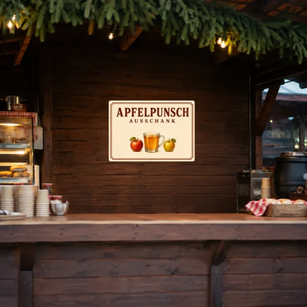 KI-generiertes Anwendungsbeispiel: Apfelpunsch Ausschank Aufkleber im Querformat mit Äpfeln, Glasmotiv und warmer Herbstoptik.