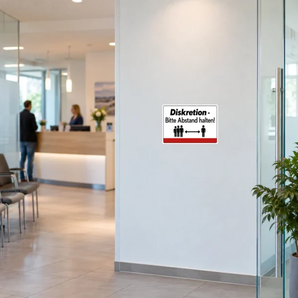 KI-generiertes Anwendungsbeispiel: Diskretion Aufkleber „Bitte Abstand halten!“ auf grauem Untergrund im Querformat.