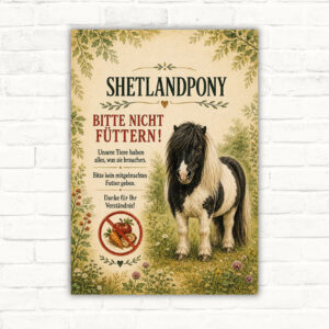 Shetlandpony-Schild mit Text „Bitte nicht füttern“ und Pony-Motiv als wetterfestes Hinweisschild für Weide oder Hof.