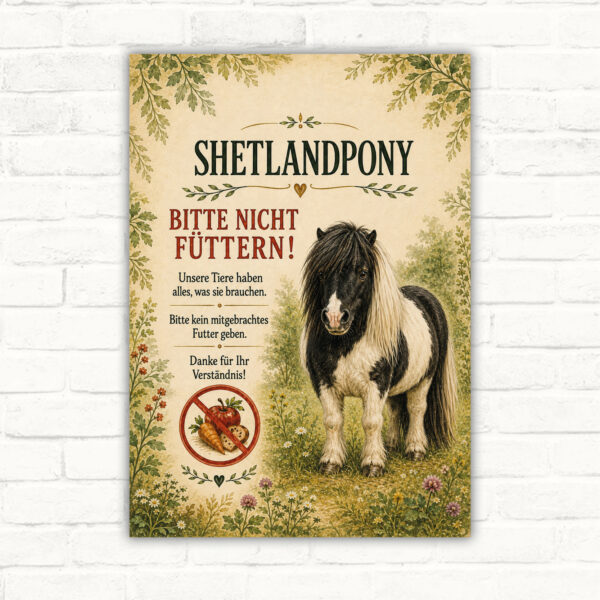 Shetlandpony-Schild mit Text „Bitte nicht füttern“ und Pony-Motiv als wetterfestes Hinweisschild für Weide oder Hof.