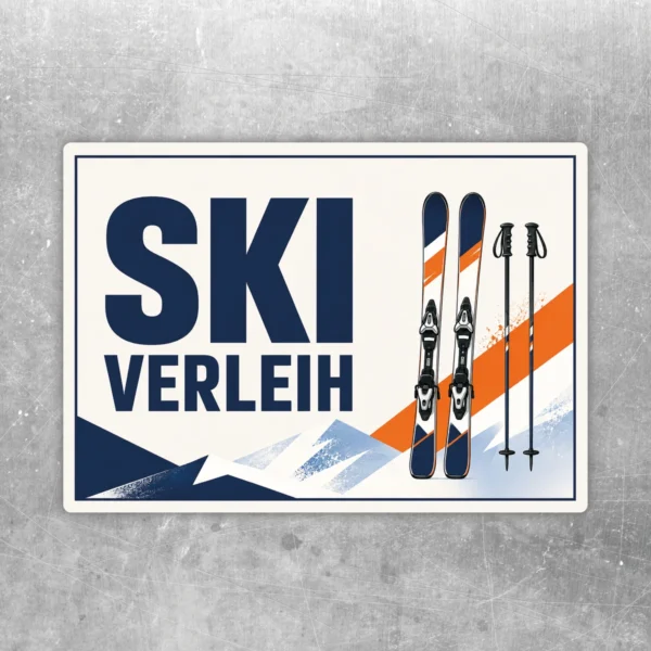 Ski Verleih Aufkleber mit blau-oranger Wintersportgrafik und großer Schrift für Türen, Fenster und Verkaufsflächen.