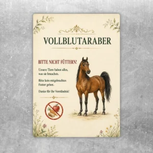 Vollblutaraber Bitte nicht füttern Aufkleber mit Pferdemotiv, Zierornamenten und gut lesbarem Hinweis für Stall und Koppel.