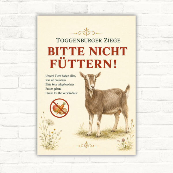 Toggenburger Ziege Bitte nicht füttern Schild mit Ziegenmotiv, rotem Hinweistext und Verbotssymbol als Landwirtschaftsschild.