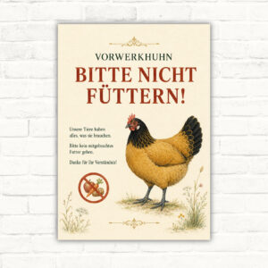 Vorwerkhuhn Bitte nicht füttern Schild mit Huhn und Hinweistext, dekoratives Hinweisschild für Hof und Gehege.