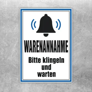 Warenannahme Aufkleber im Hochformat mit Glocke, blauem Rahmen und Text Bitte klingeln und warten.