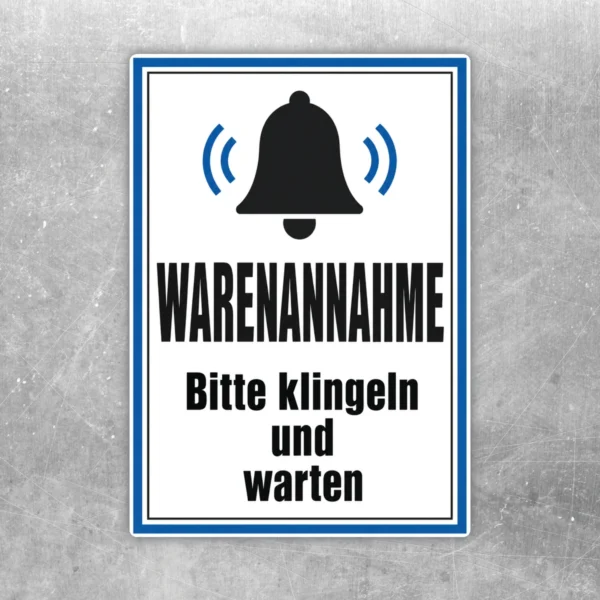 Warenannahme Aufkleber im Hochformat mit Glocke, blauem Rahmen und Text Bitte klingeln und warten.