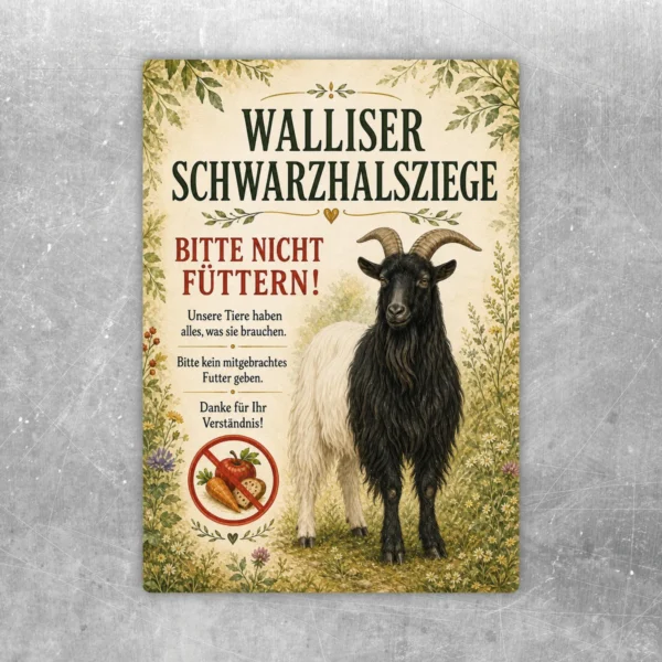 Walliser Schwarzhalsziege Bitte nicht füttern Aufkleber mit Ziegenmotiv und Pflanzenrahmen in Grün, Beige, Schwarz und Rot.