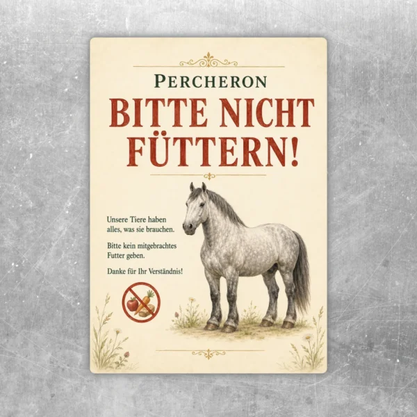 Percheron bitte nicht füttern Aufkleber mit Pferdemotiv in Beige, Rot und Grün für Stall, Hof und Weide.