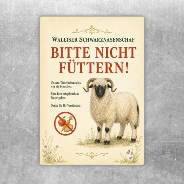 Aufkleber mit Walliser Schwarznasenschaf und dem Hinweis Bitte nicht füttern im Hochformat für Hof und Stall.