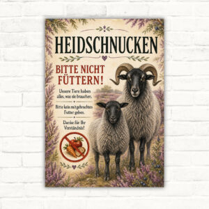 Schild mit Heidschnucken und dem Text „Bitte nicht füttern“ als hochwertiges Hinweisschild für Weide und Naturfläche.