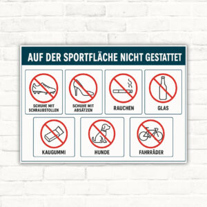 Schild mit Aufschrift „Auf der Sportfläche nicht gestattet“ und Symbolen für verbotene Nutzung auf Sportflächen.