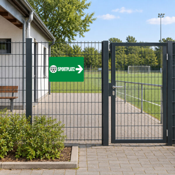 KI-generiertes Anwendungsbeispiel: Sportplatz Wegweiser rechts Aufkleber im Querformat am passenden Einsatzort.