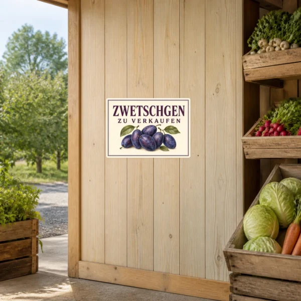 KI-generiertes Anwendungsbeispiel: Zwetschgen zu verkaufen Aufkleber mit violetten Früchten für Hofladen und Direktverkauf.